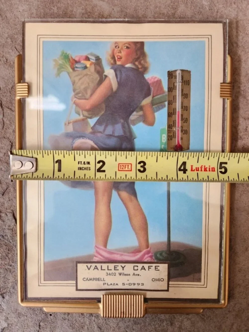 VTG 1955 Pin-Up Girl Calendar Thermometer Valley Cafe Campbell Ohio Peek-A-Boo
